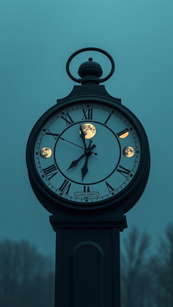 A vintage clock showing moon phases, symbolizing the importance of timing in moon reading.