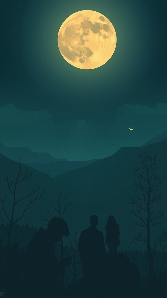 Silhouette of people standing under a large glowing moon with a mountainous backdrop.