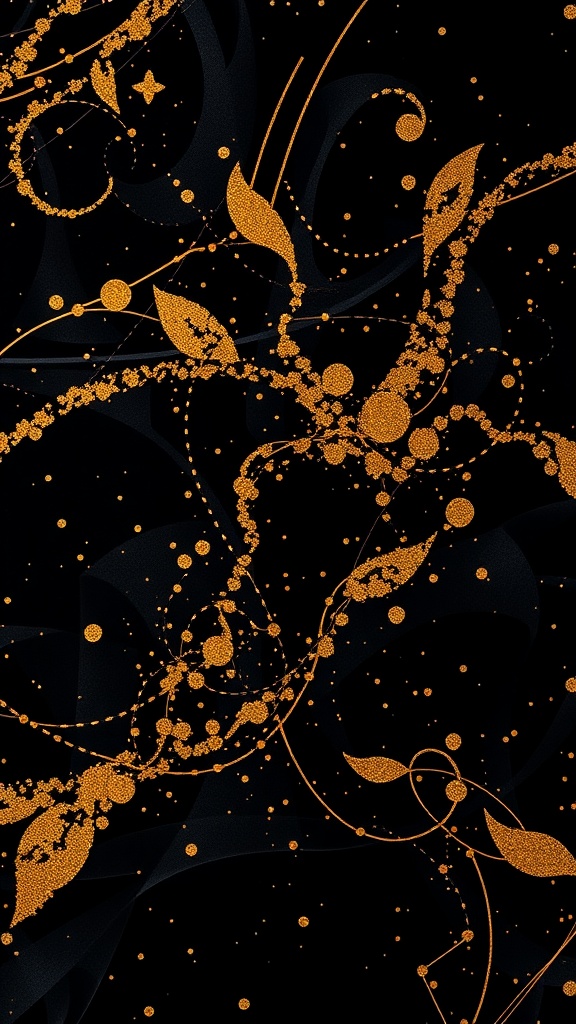 Aesthetic wallpaper featuring intricate gold designs on a black background.