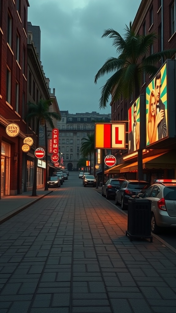 Street scene with palm trees and classic cinema posters