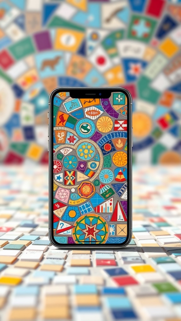 Colorful mosaic art displayed on an iPhone against a blurred mosaic background