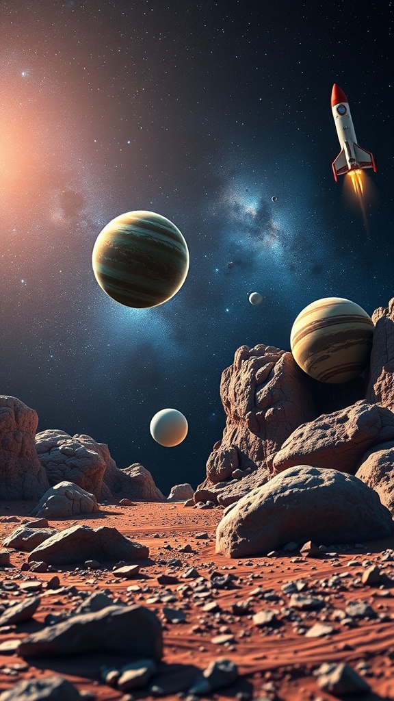 A vibrant scene of space exploration featuring a rocket, rocky terrain, and multiple planets in the background.