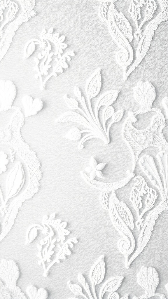 A close-up of intricate white lace textures on a light background.