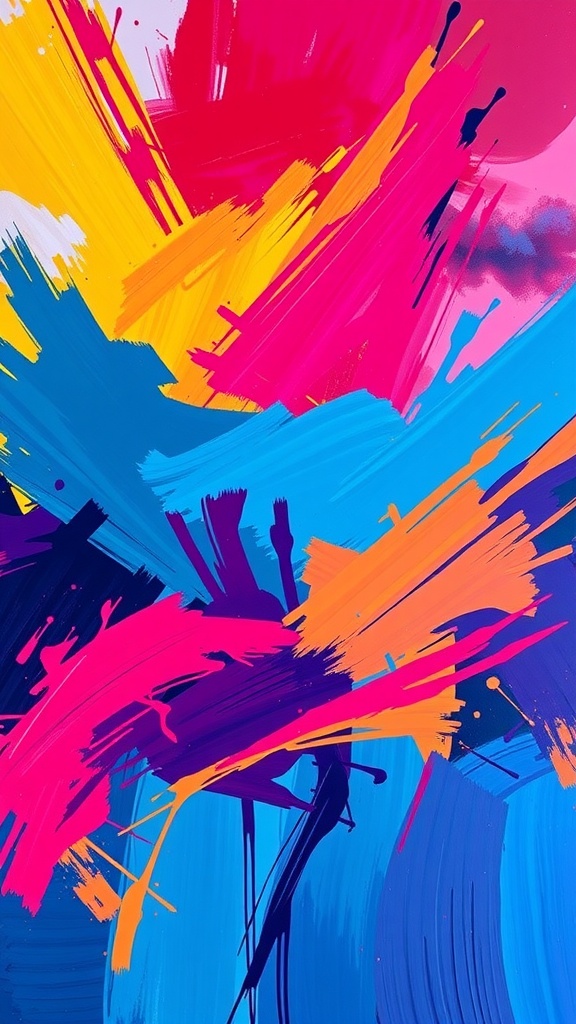 Dynamic brush stroke art featuring vibrant colors in pink, yellow, blue, and orange.