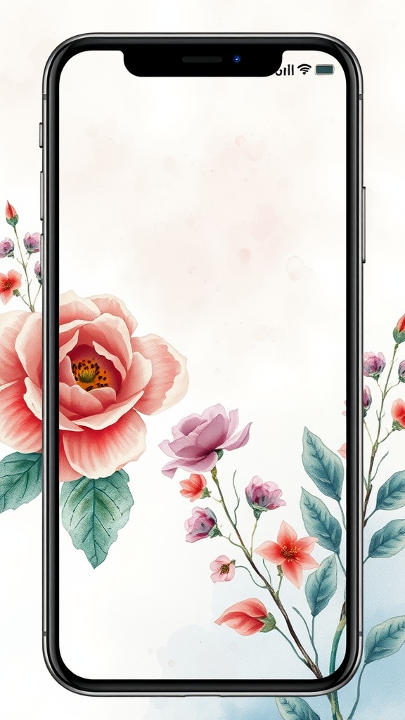 Elegant floral watercolor wallpaper for iPhone featuring pink flowers and green leaves