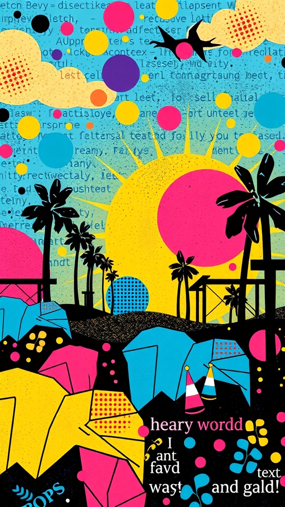 A colorful pop art style illustration featuring a sun, clouds, palm trees, and abstract shapes in vibrant colors.