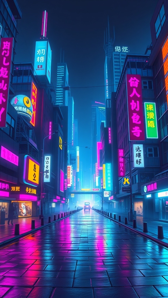 A futuristic cyberpunk city scene with neon lights and reflections on the street.