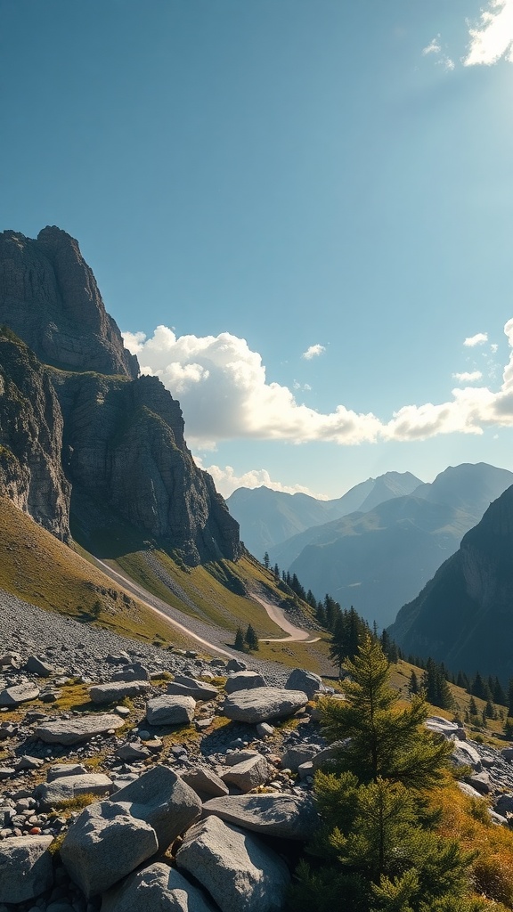 A scenic view of mountains with a clear sky and rocky terrain