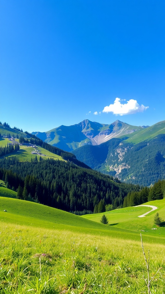 A picturesque landscape featuring a green meadow, trees, and mountains under a clear blue sky.