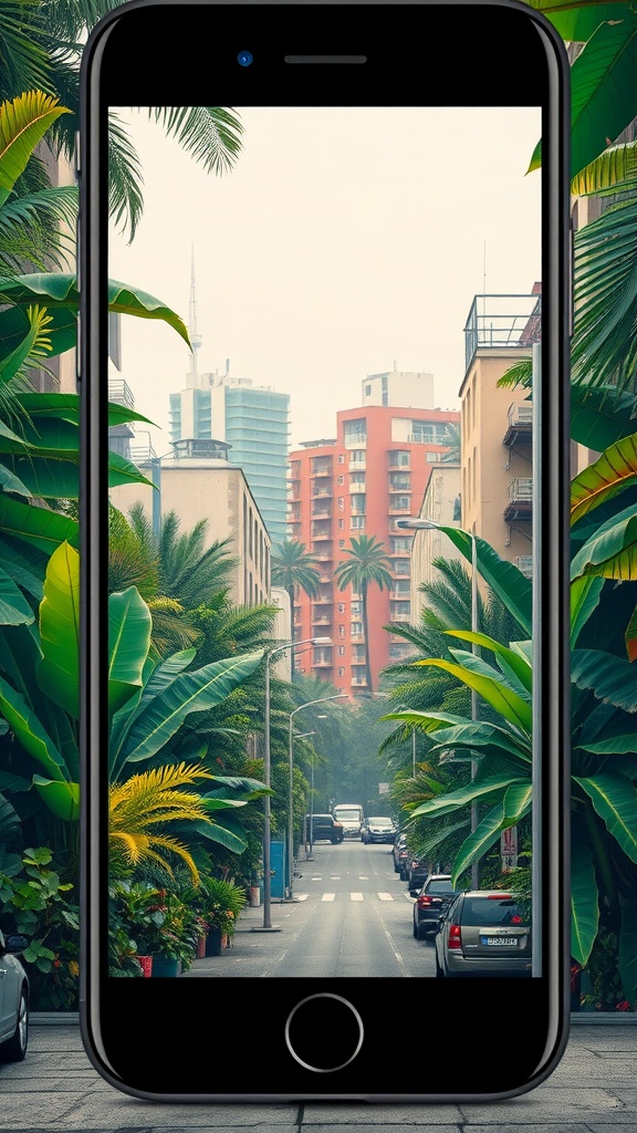 Urban Jungle Aesthetic with lush greenery surrounding a city street view on iPhone