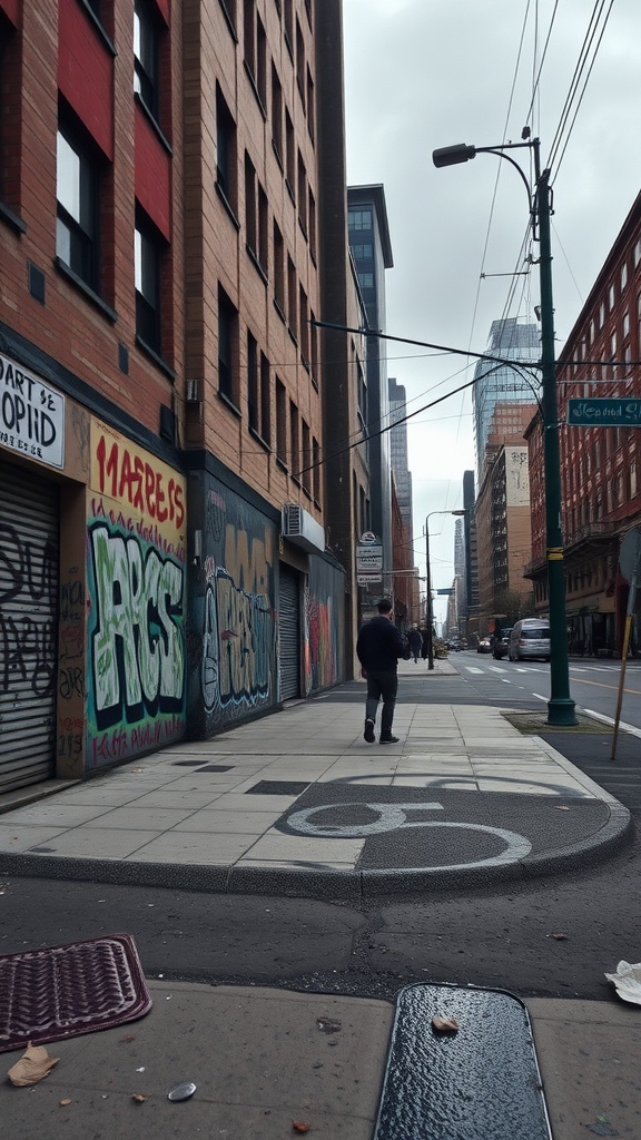 A city street with colorful graffiti on the walls, showcasing urban street art.