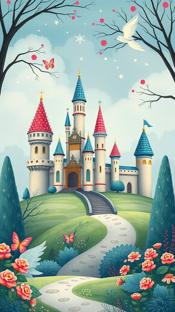 A whimsical illustration of a colorful fairytale castle surrounded by flowers, butterflies, and trees.