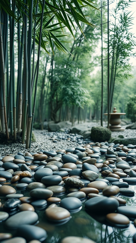 A serene scene featuring smooth pebbles in a tranquil stream surrounded by bamboo.