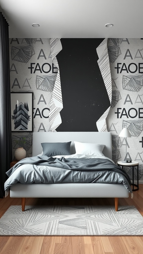 A small bedroom featuring a statement wall with bold black and patterned wallpaper, a bed with gray bedding, and modern decor.