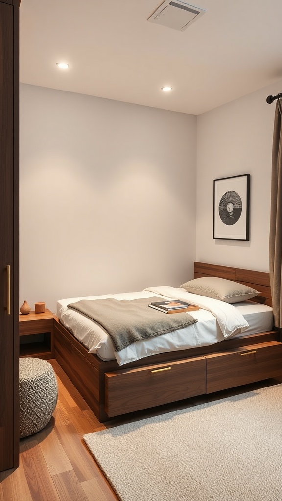 A small bedroom featuring a functional bed frame with storage drawers, warm wood tones, and a simple, modern design.