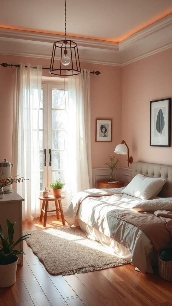 A small bedroom featuring a soft peach wall color, natural light, and plants for a relaxing atmosphere.