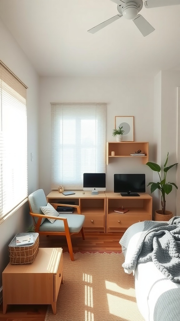 A small bedroom with lightweight furniture including a light-colored chair, wooden storage units, and a cozy bed.