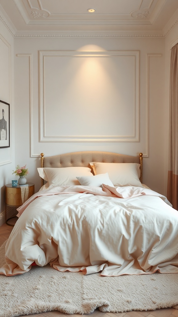 A well-decorated small bedroom featuring a cozy bed with soft bedding and a neutral color palette.