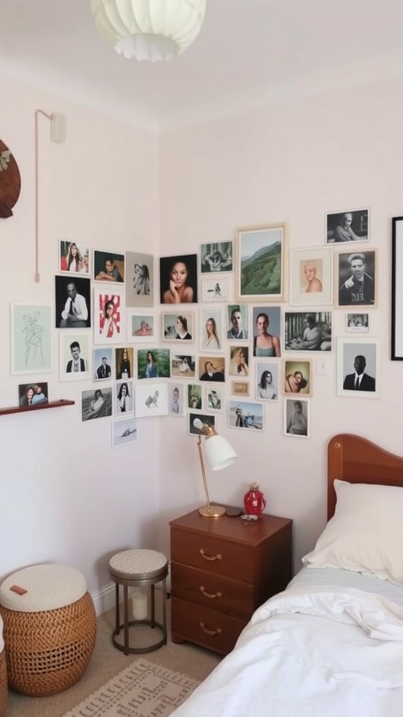 A small bedroom with a gallery wall displaying various framed photographs and artwork, along with a nightstand and cozy bedding.