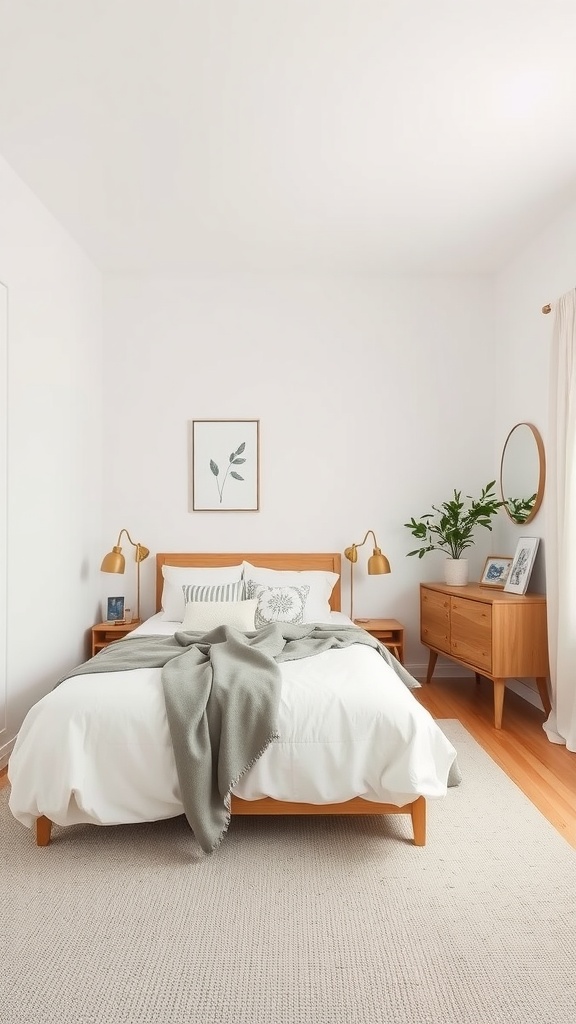 A minimalist bedroom featuring a wooden bed, simple decor, and a calm color palette.