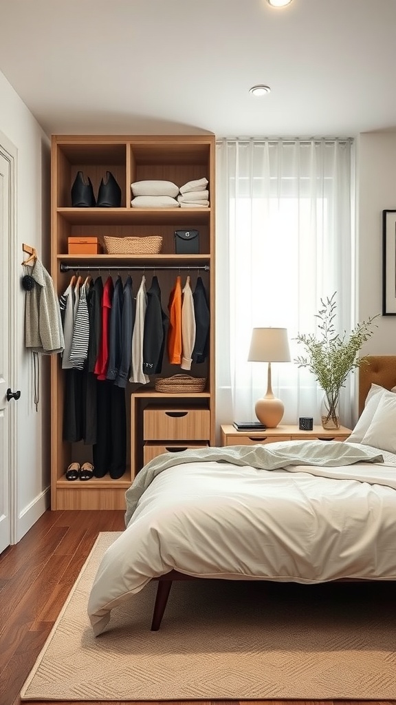 A small bedroom featuring a mobile closet solution with hanging clothes, shelves, and a cozy bed.