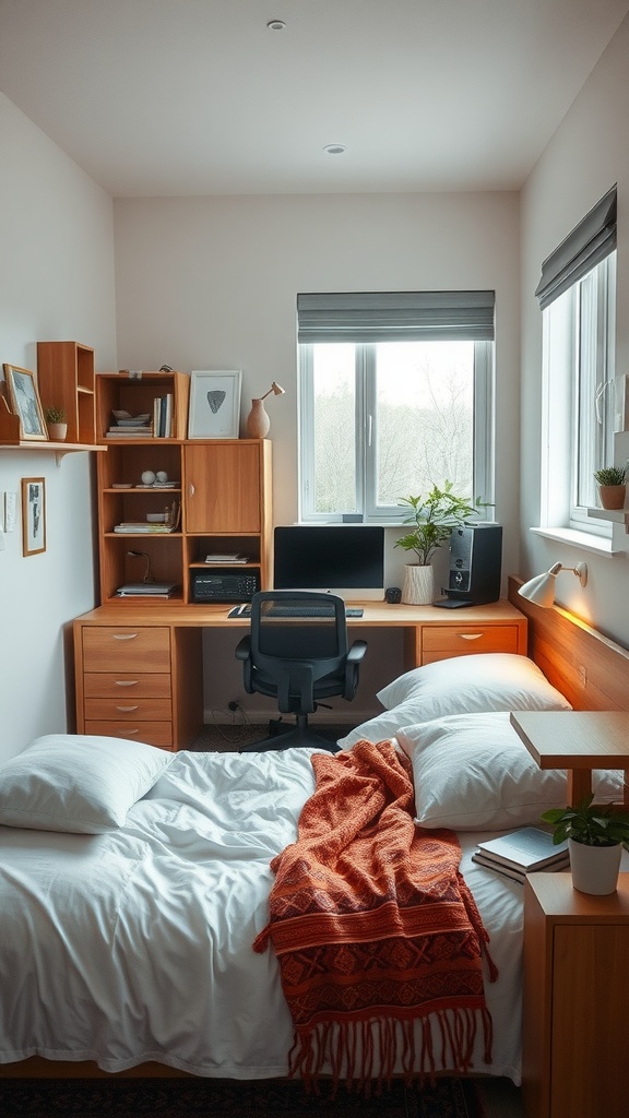 Cozy small bedroom featuring a workspace with a desk, chair, and bookshelves.