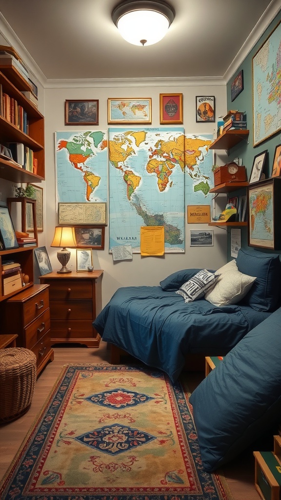 Cozy small bedroom with a world map, wooden furniture, and travel-themed decor.