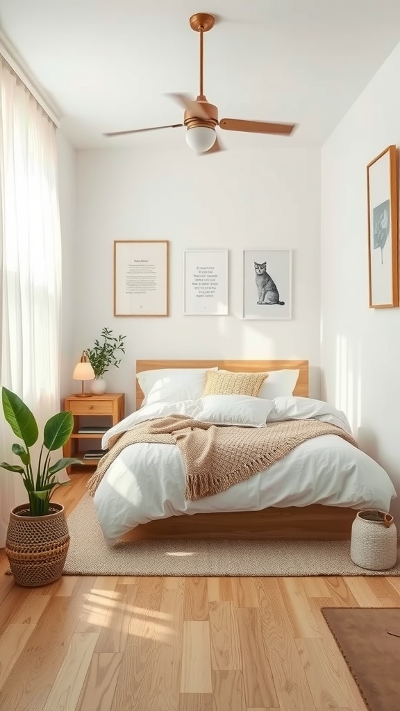 A small, serene bedroom featuring a wooden bed, soft bedding, and plants creating a Zen atmosphere.