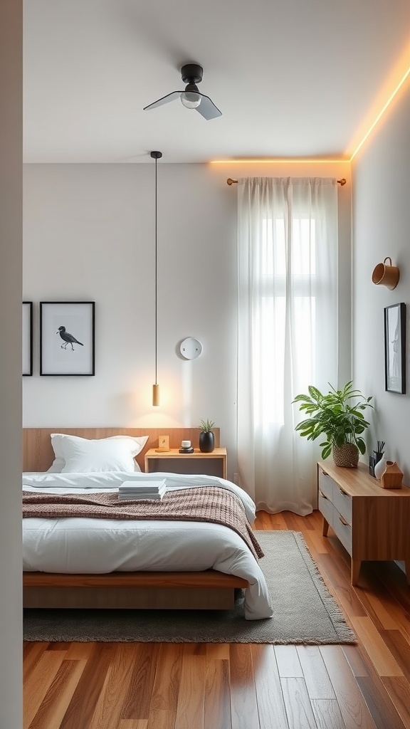 Small bedroom with an open layout featuring a bed, wooden furniture, plants, and light curtains