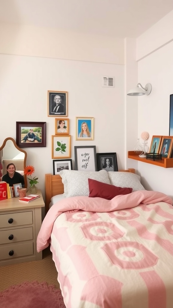 A small bedroom with a bed, framed photos on the wall, and decorative items on the dresser.