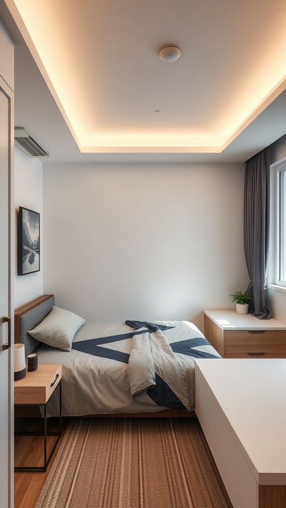 A modern small bedroom featuring smart lighting and minimalist furniture.