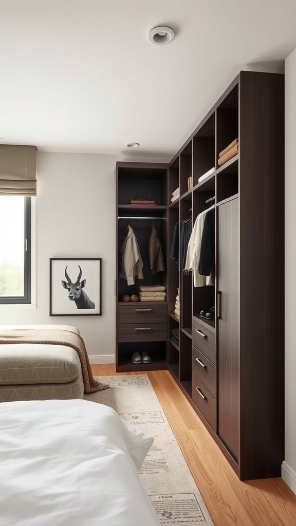 A compact wardrobe in a small bedroom, showcasing open shelves, drawers, and hanging space.