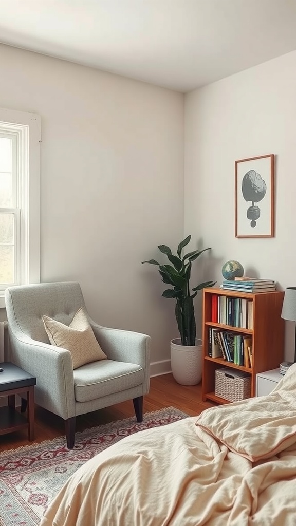 A cozy reading nook in a small bedroom featuring a light gray armchair, a side table, and a bookshelf filled with books.