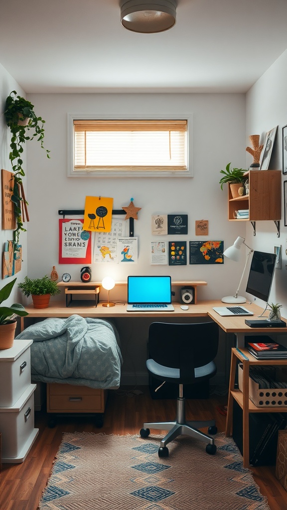 A small bedroom with a workspace featuring a desk, laptop, and decorative wall art.