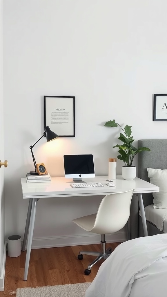 A minimalist desk setup in a small bedroom featuring a white desk, computer, lamp, plant, and simple decor.