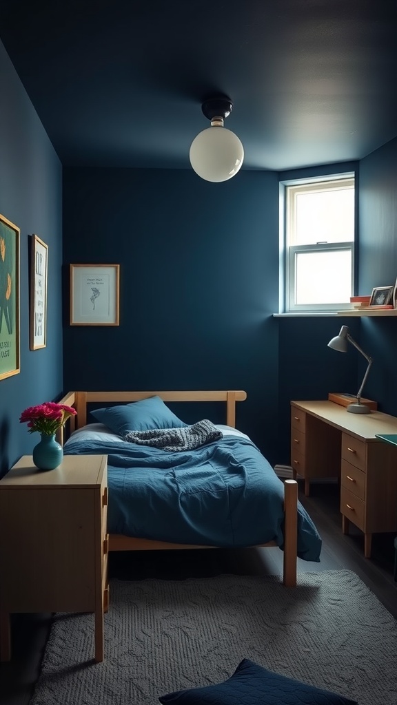 Small bedroom featuring dark blue walls, wooden furniture, and blue bedding.
