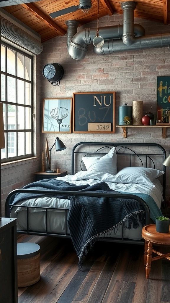 A small bedroom featuring industrial design elements with a metal bed frame, exposed brick walls, and decorative items.