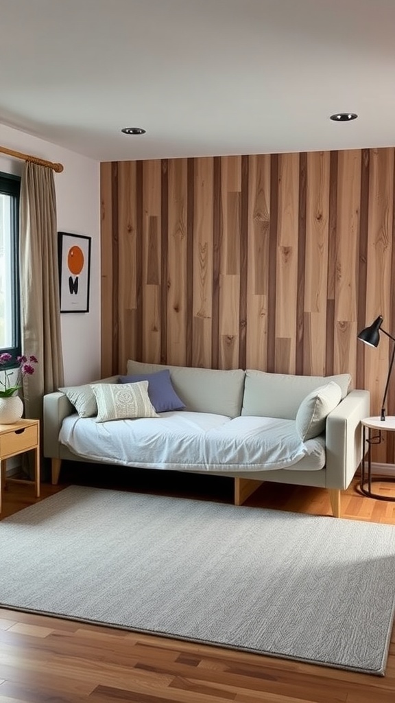 A small bedroom featuring a multifunctional sofa, side table, and wooden accent wall.