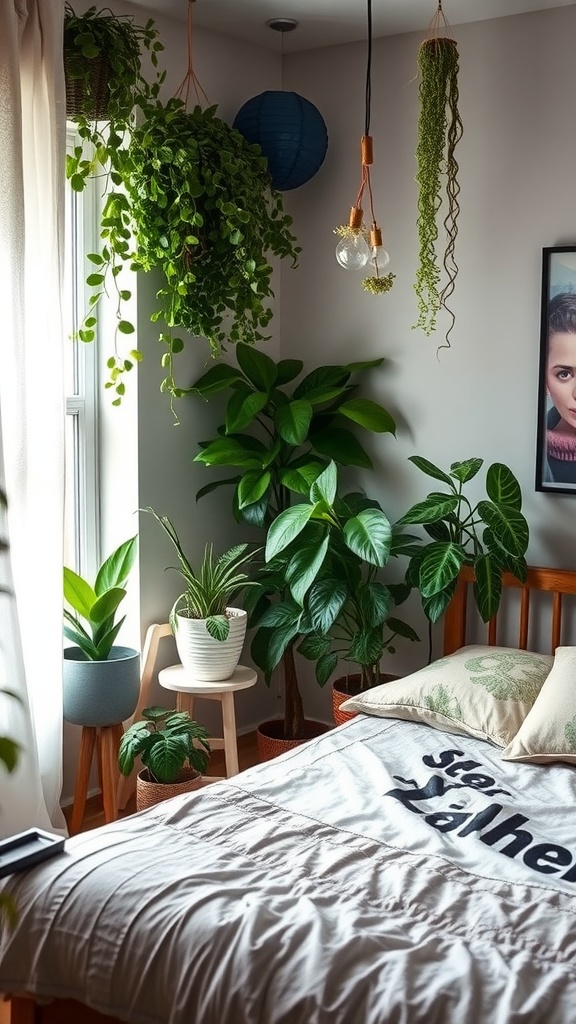 A cozy small bedroom with various plants arranged on the floor and hanging from the ceiling.