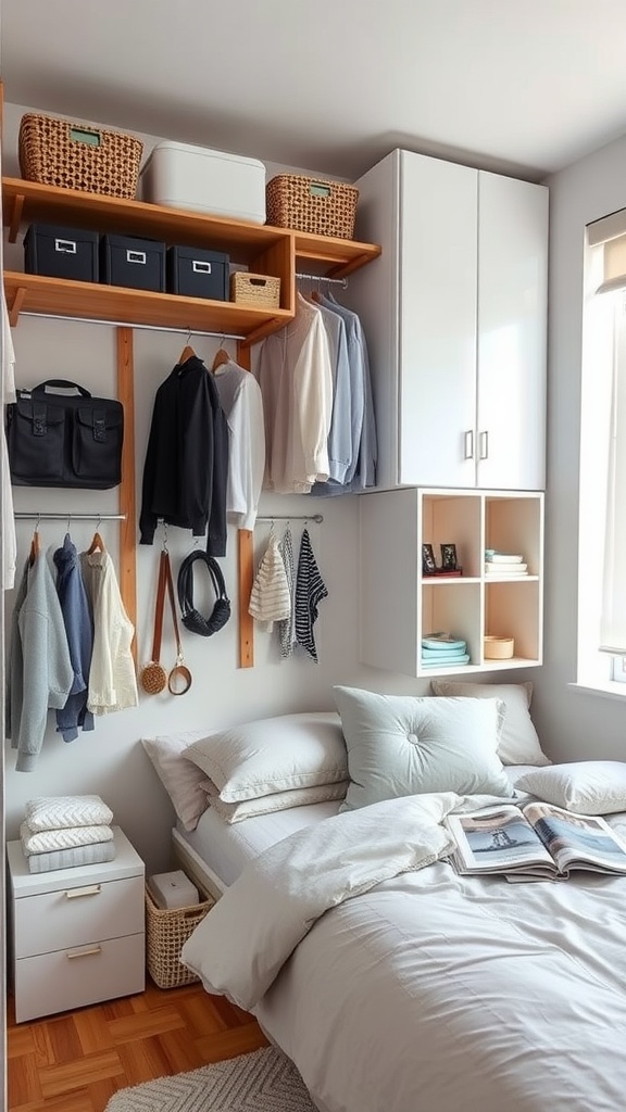 A stylish small bedroom showcasing smart storage solutions, including wall shelves, hooks for clothes, and drawer units for organization.