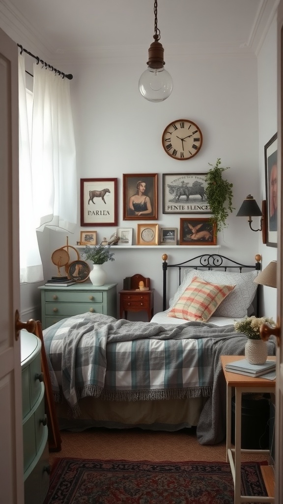A small, vintage-inspired bedroom with framed artworks, a green dresser, and cozy textiles.