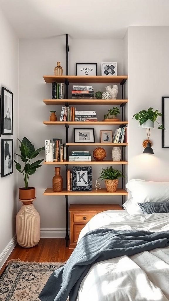 A corner shelving unit in a small bedroom filled with books, plants, and decorative items.