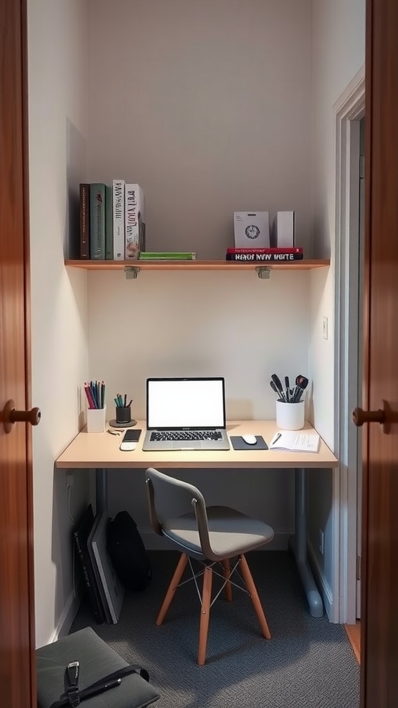 A compact foldable desk setup in a small bedroom, featuring a laptop, stationery, and a neatly organized shelf.