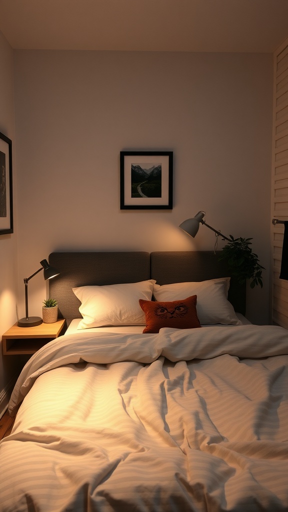 A small bedroom with warm lighting, featuring a neatly made bed, bedside lamp, and decorative pillow.