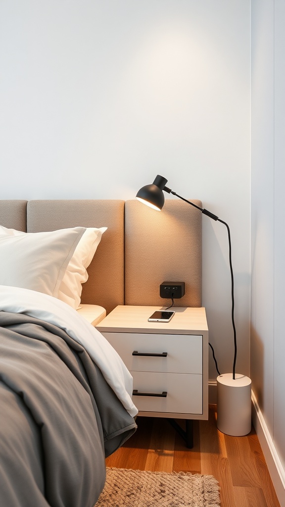 Modern bedroom with a stylish nightstand and lamp, featuring a cozy bed and wooden floor.