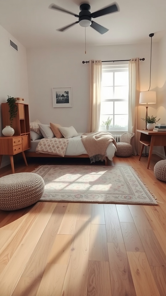 A cozy small bedroom with a patterned area rug, showcasing a bed, a reading corner, and warm lighting.