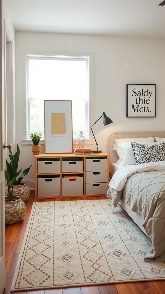 A small bedroom featuring decorative storage boxes on a shelf, plants, and soft bedding.