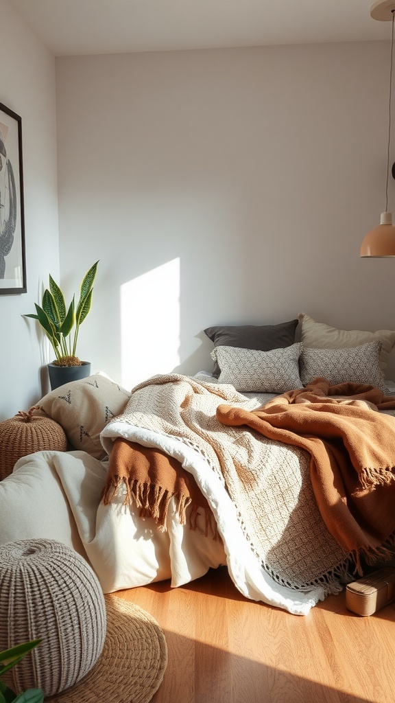 A cozy small bedroom featuring layered textiles with warm blankets and cushions, a plant, and wooden flooring.