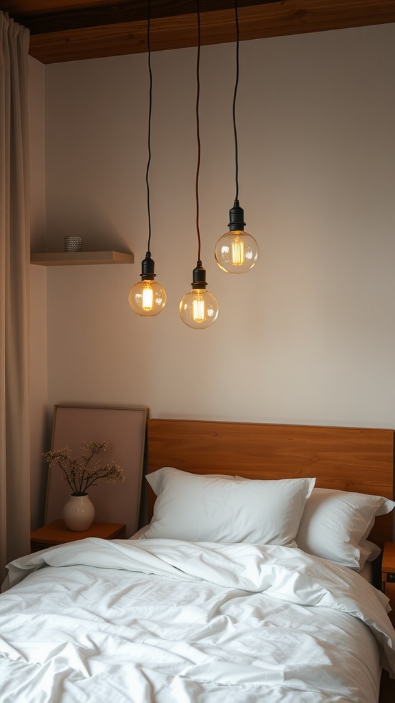 A small bedroom featuring three pendant lights hanging above a bed with white linens, a wooden headboard, and a small shelf with a vase.