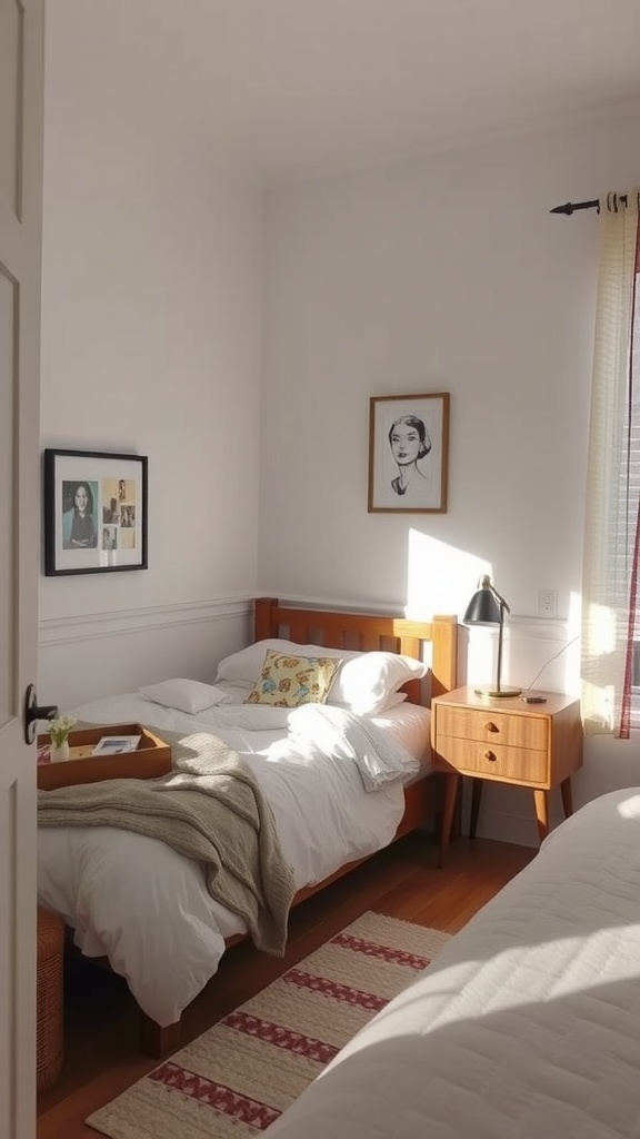 Cozy small bedroom with a wooden bed, bedside table, and framed wall art